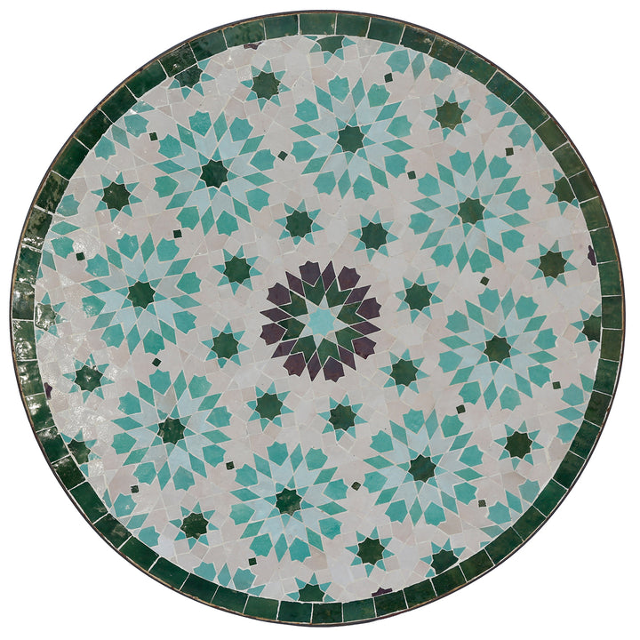 Mesa de jantar redonda com 60 cm de diâmetro, com mosaico artesanal composto por azulejos zellige brancos e verdes