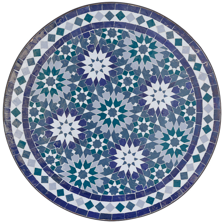 Mesa de jardim redonda com 60 cm de diâmetro, com mosaico marroquino de azulejos zellige em azul, verde e branco