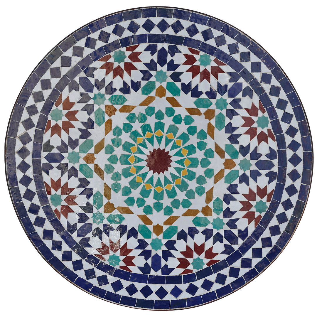Mesa de terraço com 60 cm de diâmetro, com mosaico tradicional zellige em azul, turquesa, branco, ocre e vermelho
