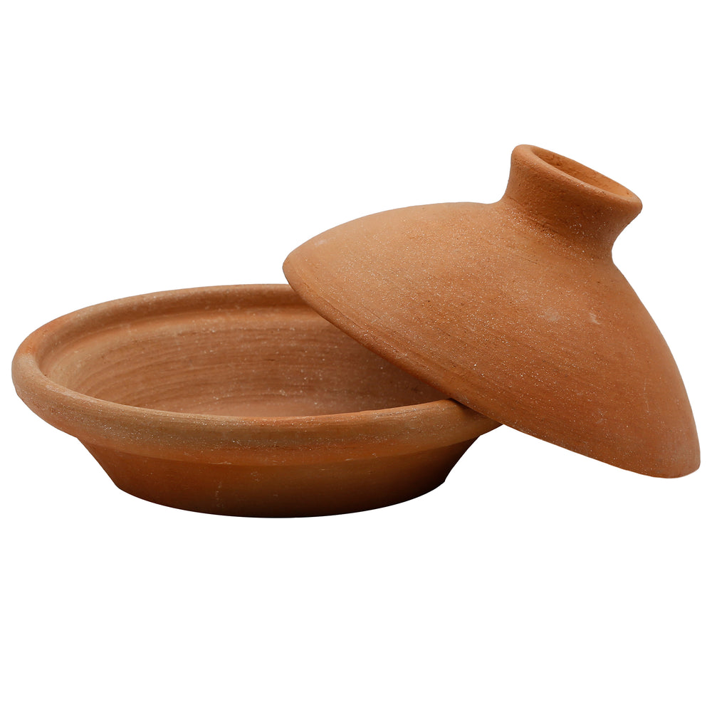 Panela de cozedura Tagine de 20 cm em barro natural e argila, não vidrada, tal como a panela tradicional