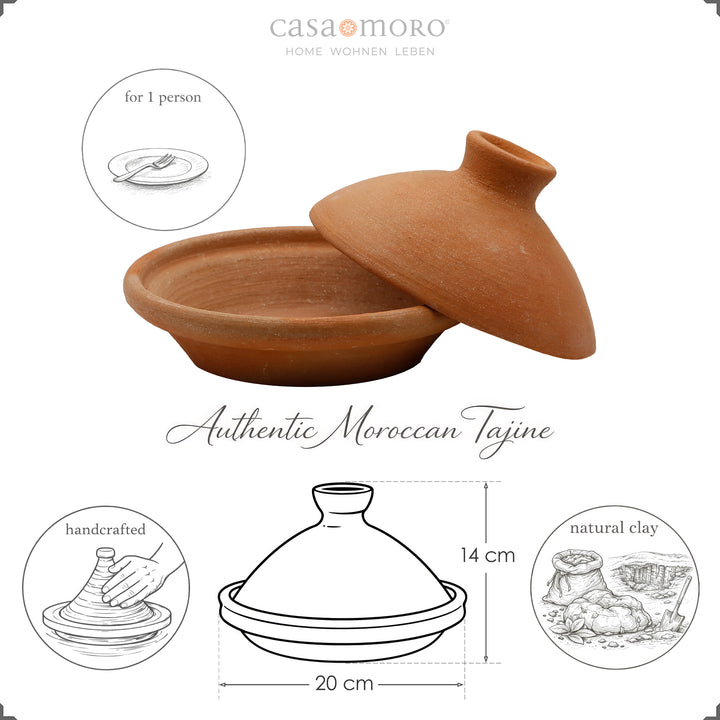 Tagine de 20 cm em barro e argila, não vidrada, como panela de cozedura marroquina para 1 pessoa