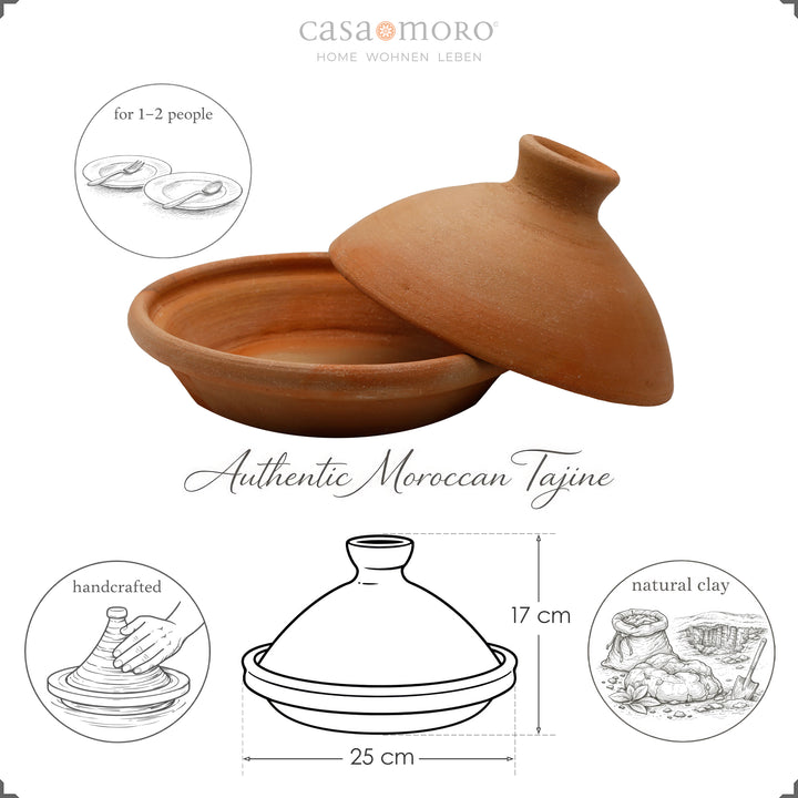 Tagine de 25 cm em barro natural e argila, panela marroquina para 1–2 pessoas