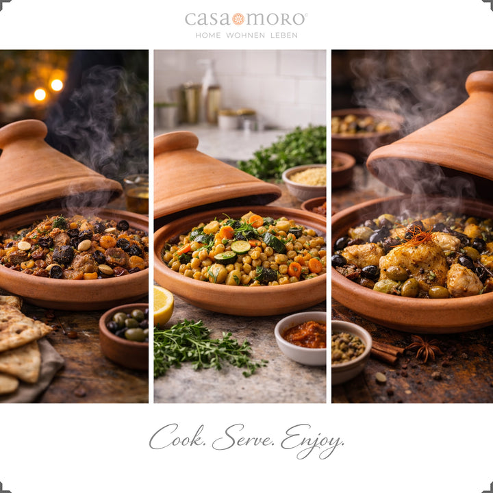 O tagine é uma panela de barro marroquina, ideal para receitas de borrego, peixe ou vegetarianas