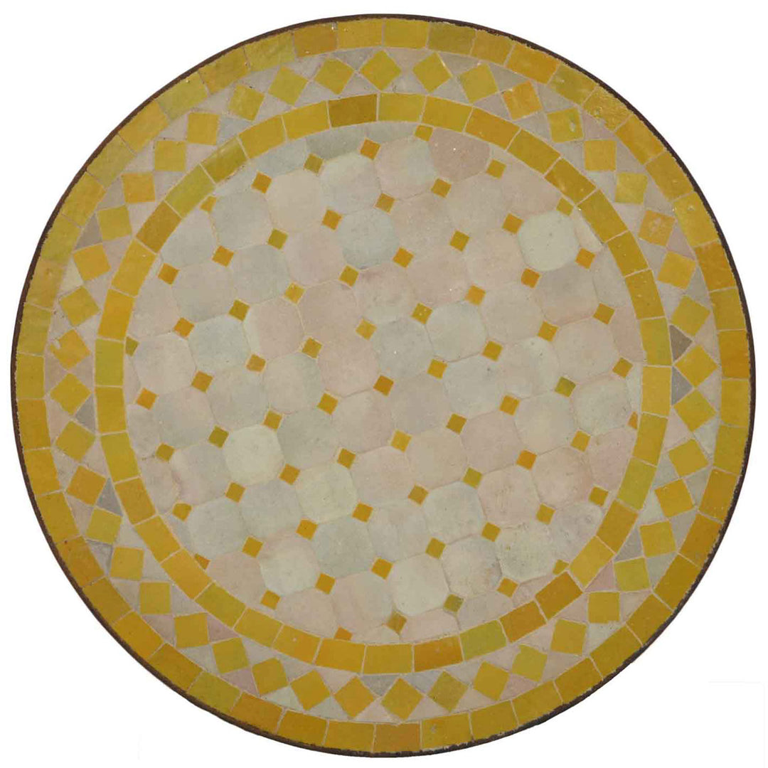 Mesa auxiliar estreita de 45 cm com mosaico em amarelo e branco, redonda e feita à mão em Marrocos