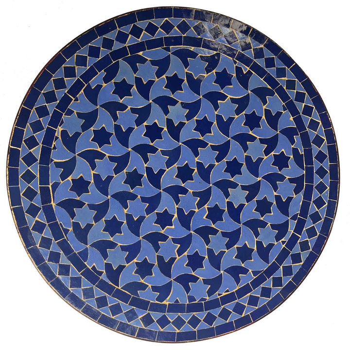 Mesa redonda em mosaico de 60 cm com padrão zellige em azul escuro – motivo clássico em forma de estrela do Marrocos