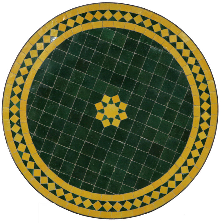 Mesa redonda em mosaico com 60 cm, em tons de verde e amarelo, com padrão marroquino Zellige