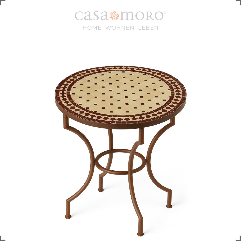 Mesa de terraço compacta com estrutura em ferro forjado selada com verniz transparente e mosaico feito à mão