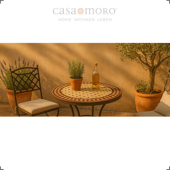 Mesa em mosaico de estilo urbano marroquino – ideal para pequenos espaços exteriores e varandas românticas