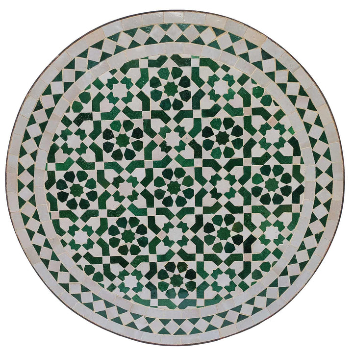 Mesa de varanda redonda com mosaico Zellige verde e branco, Ø 60 cm, para terraço e jardim