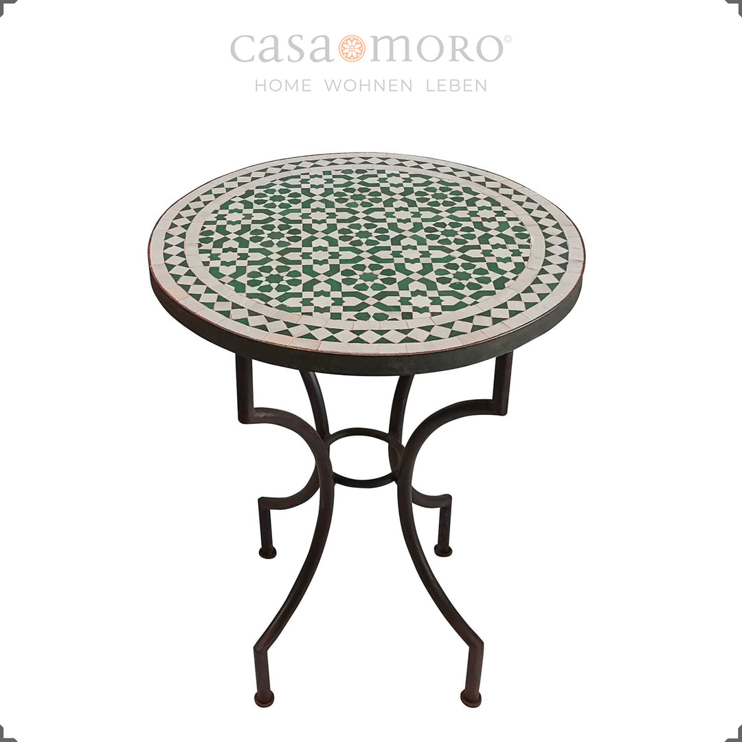 Mesa de jardim artesanal com padrão zellige em verde e branco, mesa de bistrô redonda