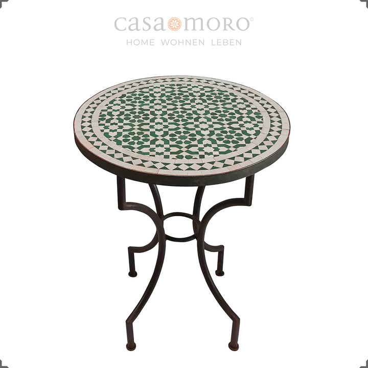 Mesa de jardim artesanal com padrão zellige em verde e branco, mesa de bistrô redonda