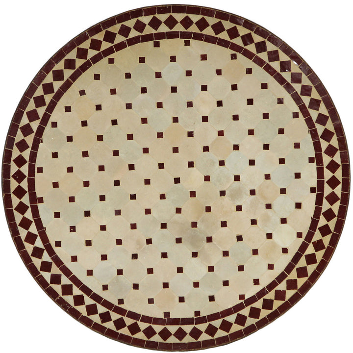 Mesa de varanda redonda de 80 cm com mosaico Zellige aplicado à mão em tons de bordô e naturais