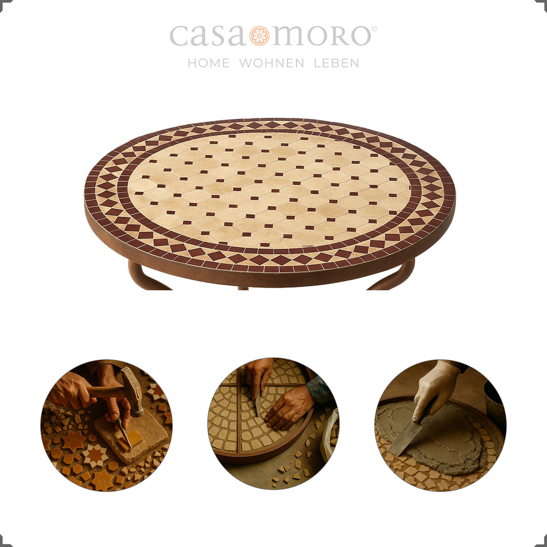 Mesa em mosaico Zellige com tampo de 32 kg – estável, decorativa e resistente às intempéries