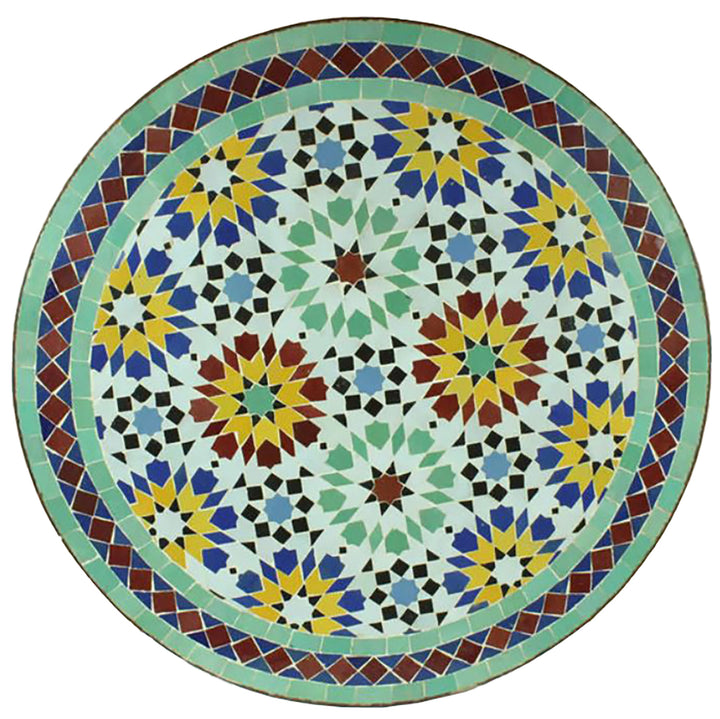 Mesa de bistrô redonda de 60 cm com mosaico zellige multicolorido em amarelo, bordô, turquesa e azul – feita à mão em Marrocos