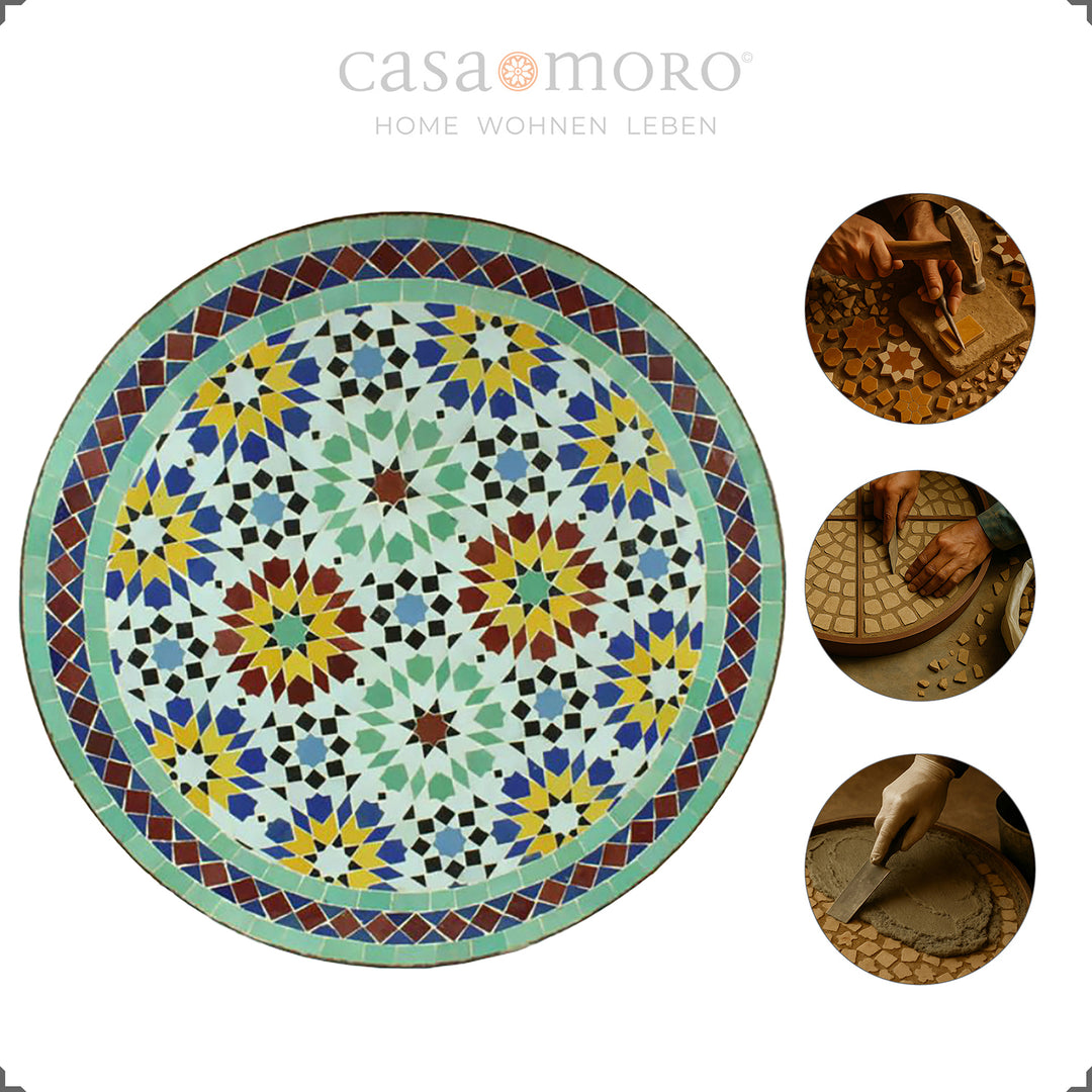 Mesa de jardim compacta com tampo multicolorido em zellige – mesa de bistrô robusta e versátil
