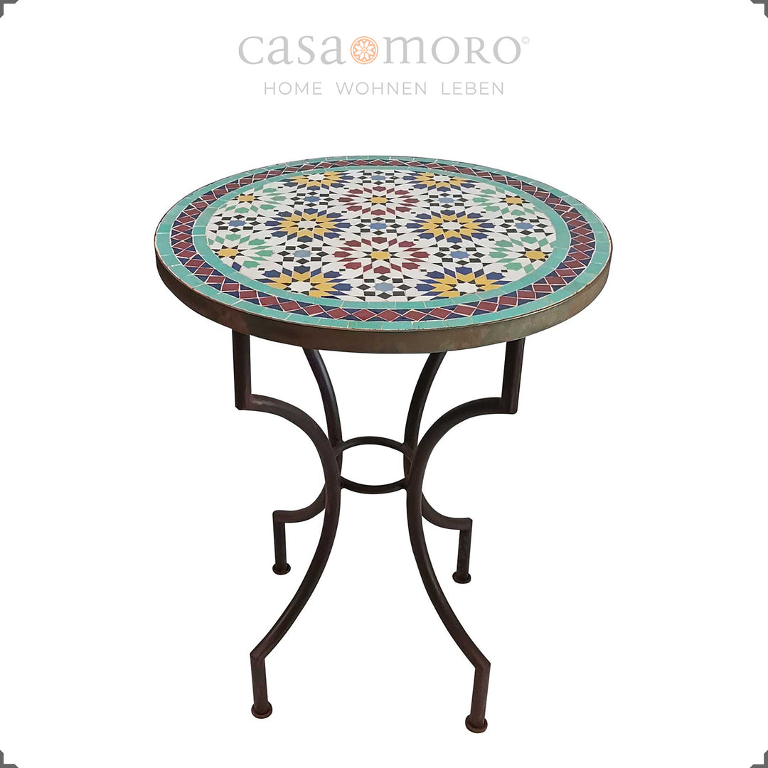 Mesa redonda em zellige com padrão oriental em forma de estrela e superfície colorida – de estilo mediterrânico e fácil de cuidar
