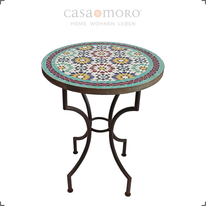 Mesa redonda em zellige com padrão oriental em forma de estrela e superfície colorida – de estilo mediterrânico e fácil de cuidar