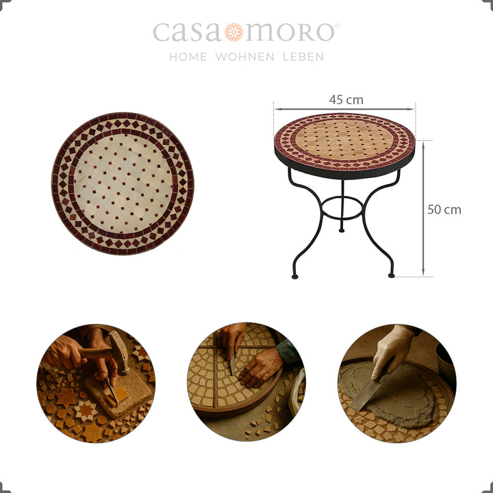 Mesa auxiliar com mosaico Zellige em terracota cor de vinho, versátil para a cozinha, jardim, hall de entrada ou terraço