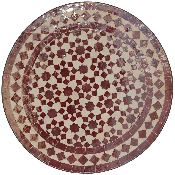 Mesa de apoio redonda de 45 cm com mosaico zellige em vermelho bordô e motivo de estrelas – feita à mão em Marrocos