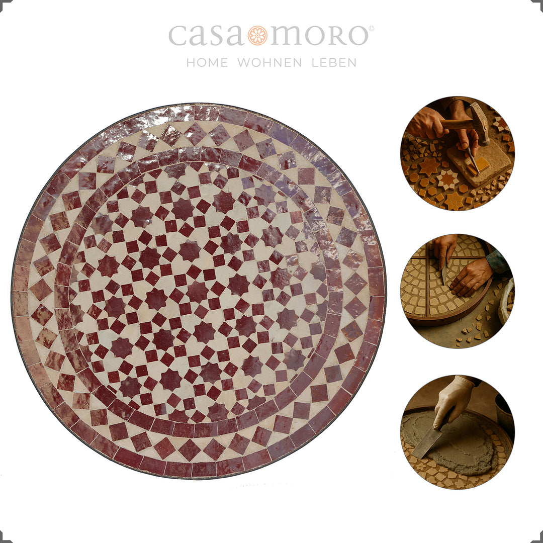 Mesa redonda com mosaico em estrelas em tons quentes de vermelho, ideal como mesa de café ou mesa de apoio