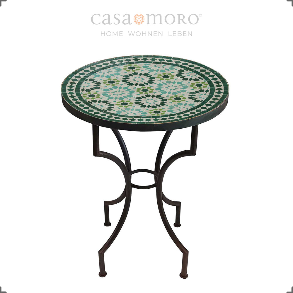 Mesa redonda em mosaico nos tons de verde menta e esmeralda – ideal para a cozinha, varanda ou sala de jantar