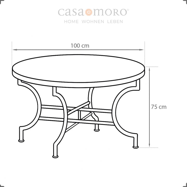 Dimensões da mesa: 100 cm de diâmetro, 75 cm de altura – adequada para quatro pessoas