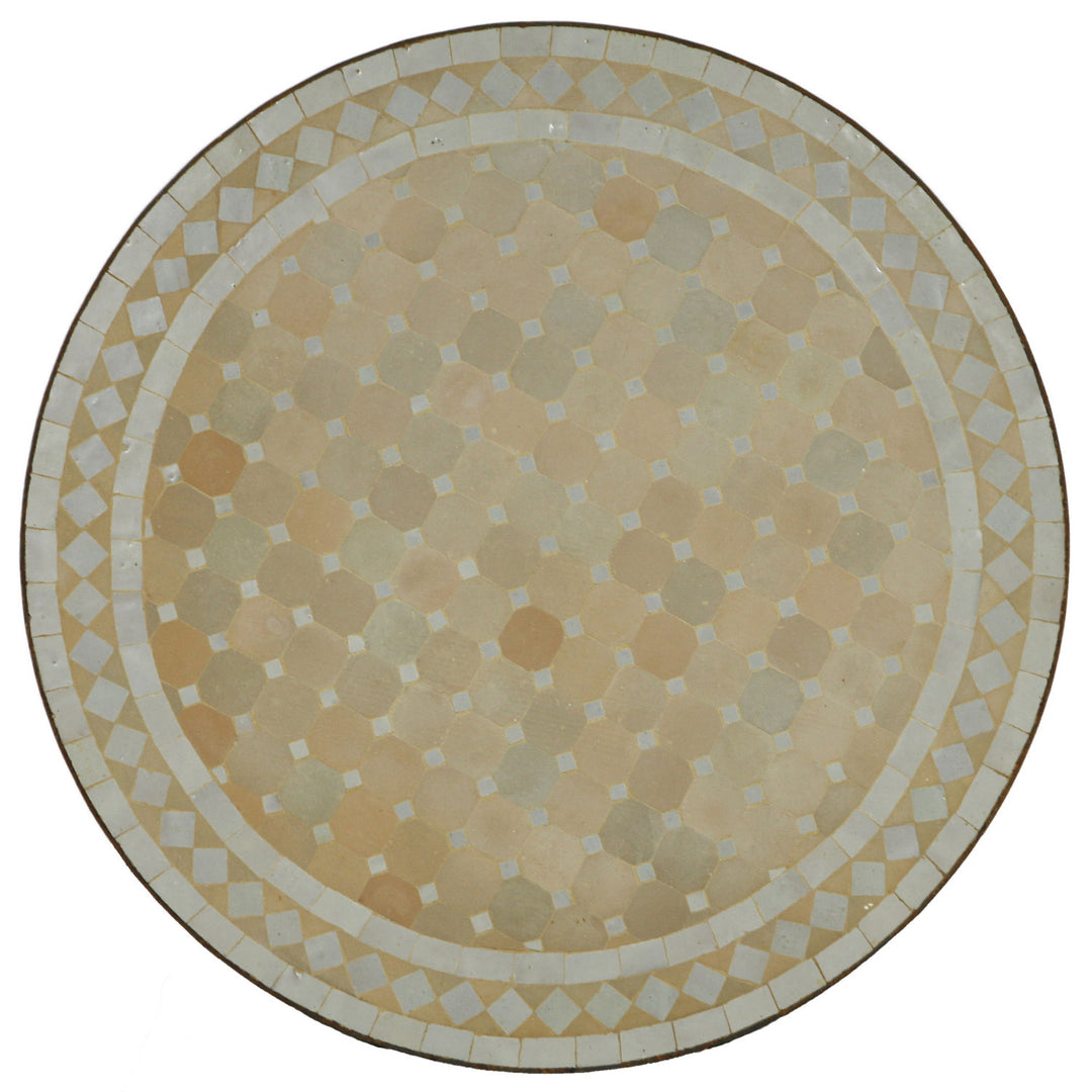 Mesa de jantar redonda de 80 cm com mosaico de azulejos zellige brancos e em tom de terracota