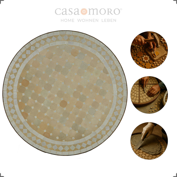 Altura da mesa: 75 cm, Ø 60 cm, placa de mosaico com peso aproximado de 18 kg, de formato redondo clássico, colocada sobre a mesa