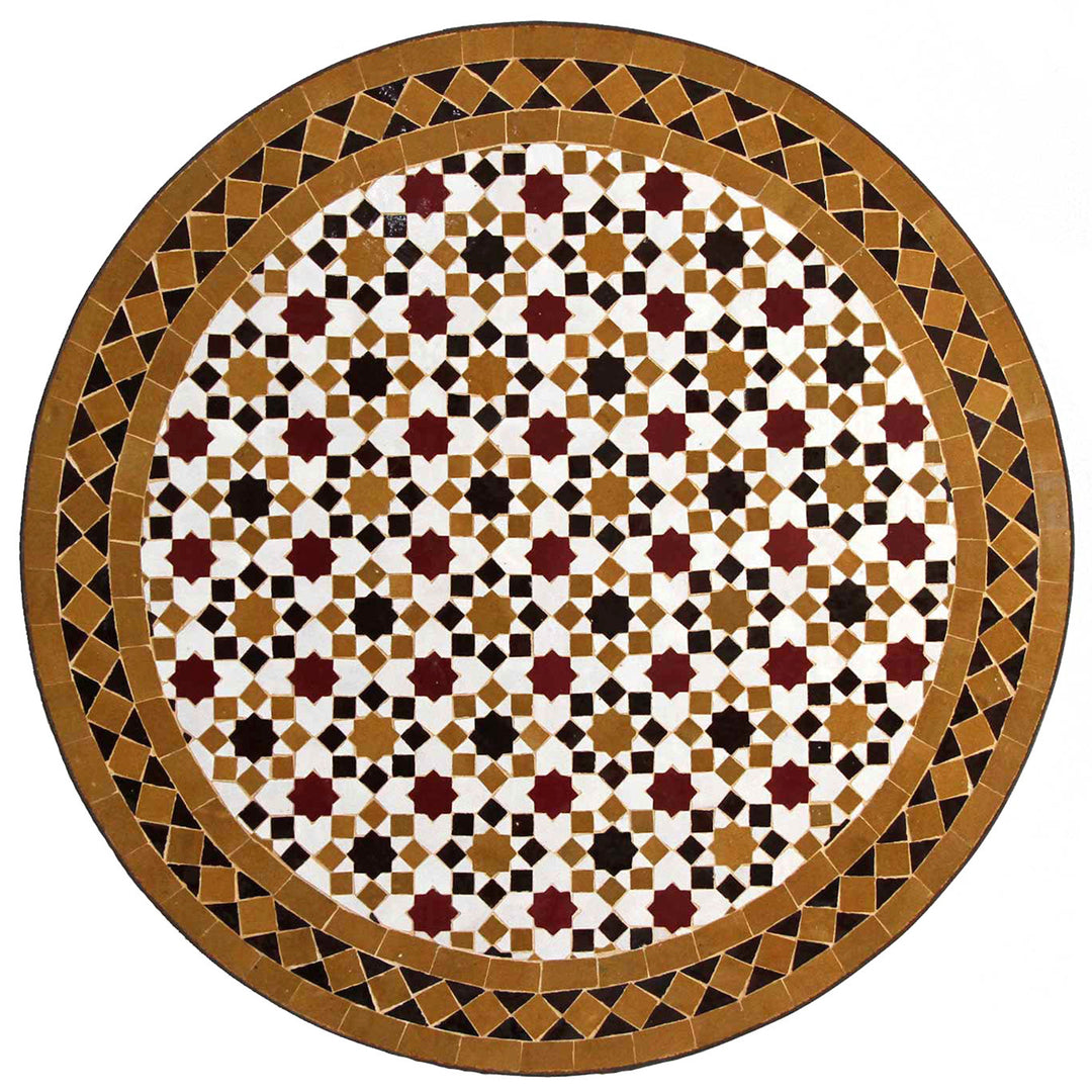 Mesa de varanda com 60 cm de diâmetro com mosaico Zellige em branco, ocre e bordô