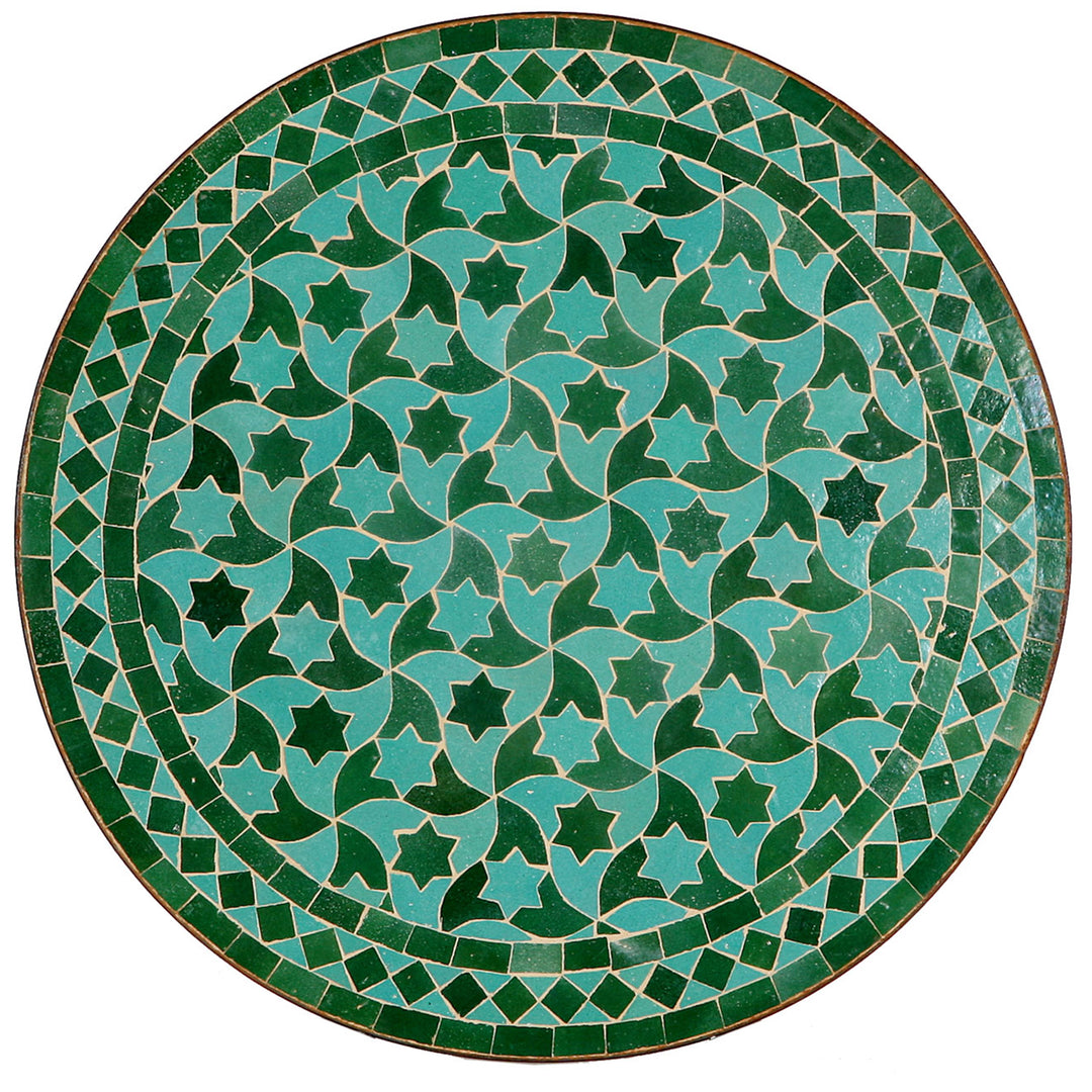 Mesa redonda em mosaico com 60 cm de diâmetro e padrão de meia-lua e estrelas verdes – feita à mão em Marrocos