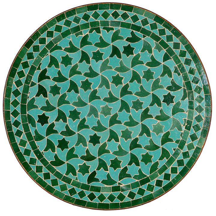 Mesa redonda em mosaico com 60 cm de diâmetro e padrão de meia-lua e estrelas verdes – feita à mão em Marrocos