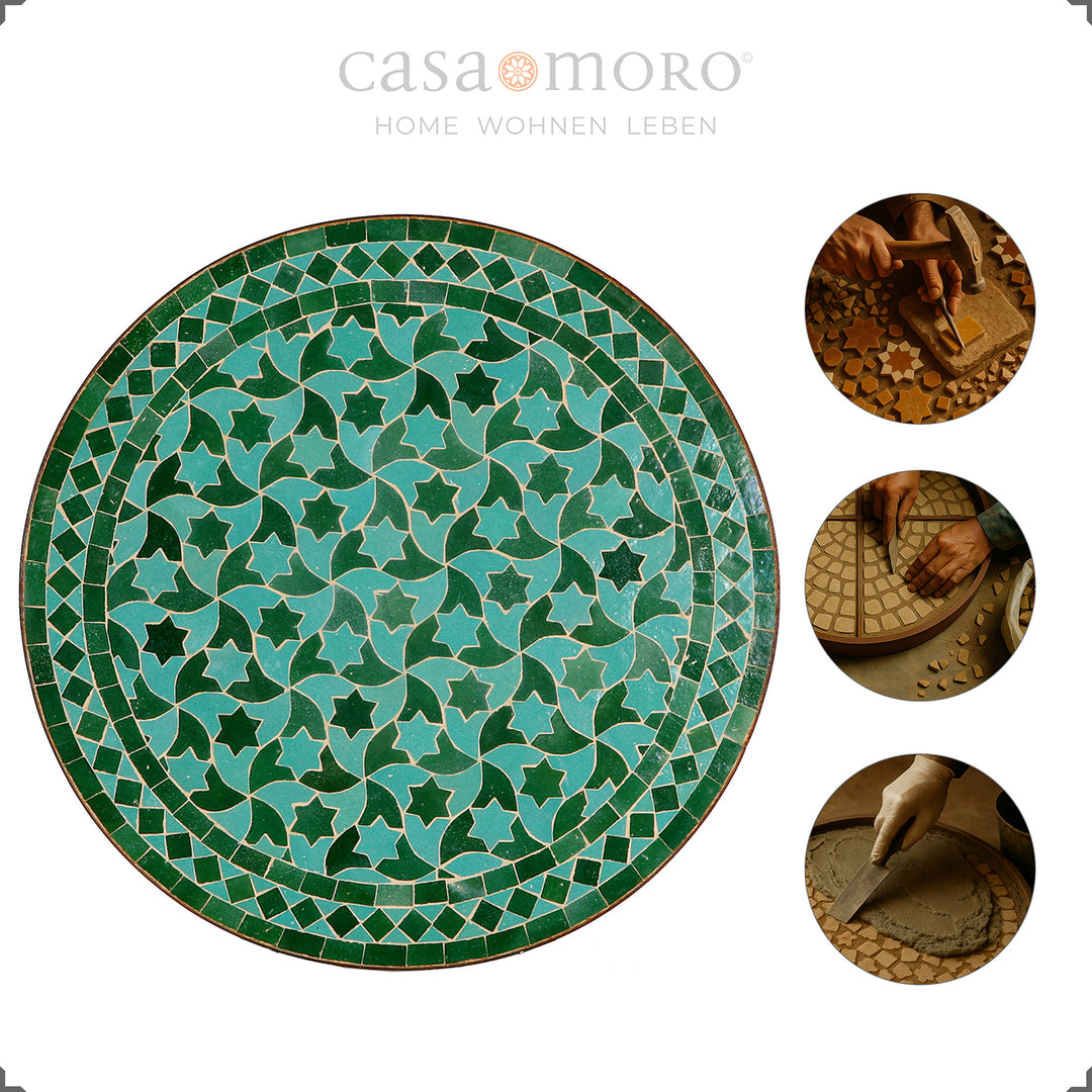 Mesa com mosaico zellige com padrão geométrico em forma de meia-lua – para terraço, varanda ou cozinha