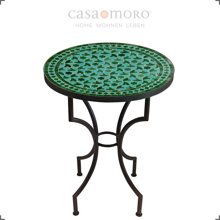 Mesa de varanda com mosaico Zellige verde e estrutura metálica curvada – elegante e compacta
