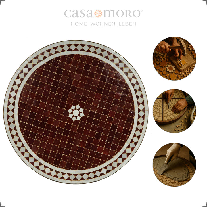 Mesa redonda de mosaico com 60 cm de diâmetro no jardim, acompanhada de cadeiras, com um toque marroquino para o exterior
