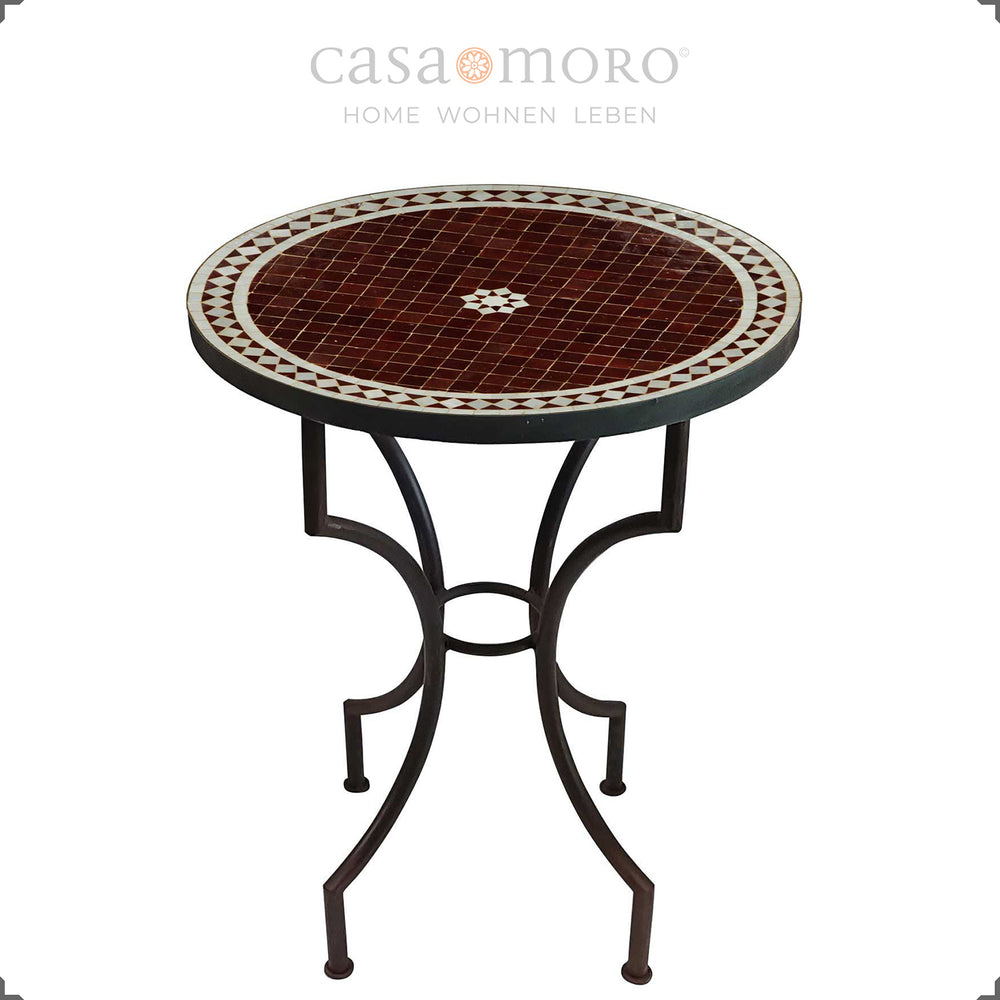 Mesa de jardim com 60 cm de diâmetro com mosaico Zellige em Bordeaux, mesa de bistrô com estrutura metálica