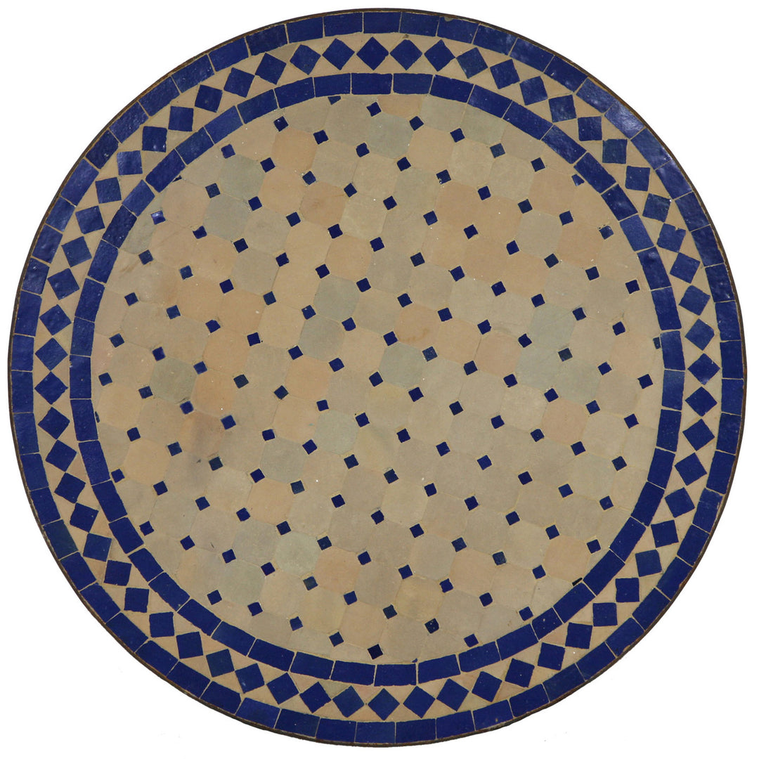 Mesa de jardim redonda de 100 cm com mosaico zellige em azul e terracota, feita à mão em Marrocos