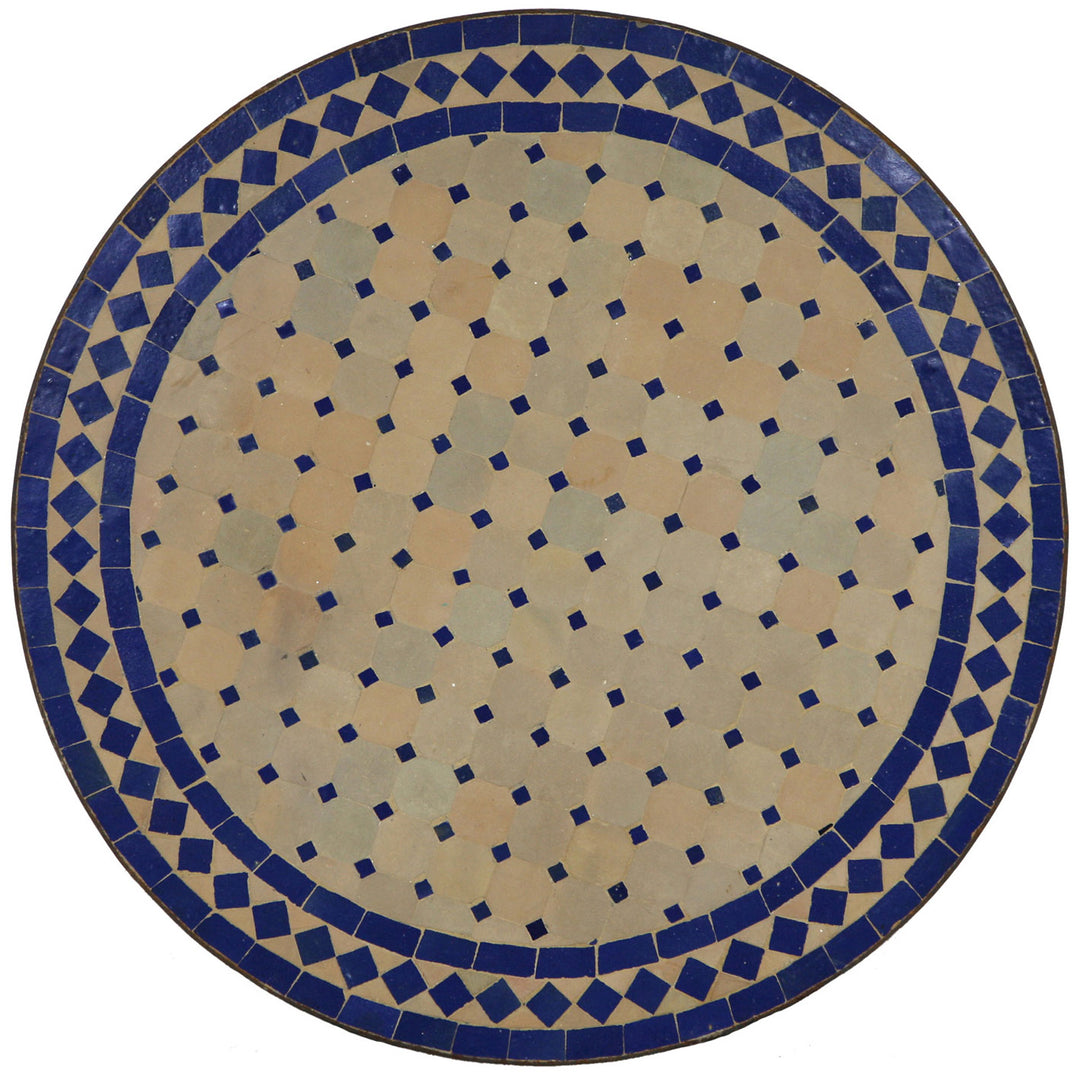 Mesa de jardim redonda de 120 cm com mosaico Zellige feito à mão em azul e terracota