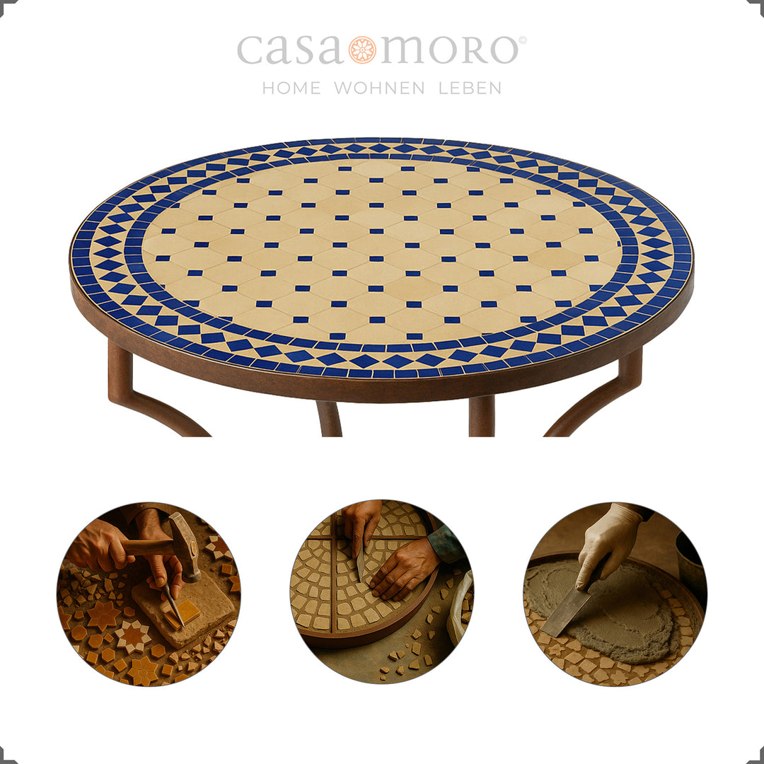 Mosaico esmaltado com azulejos Zellige – azul, terracota, tons naturais