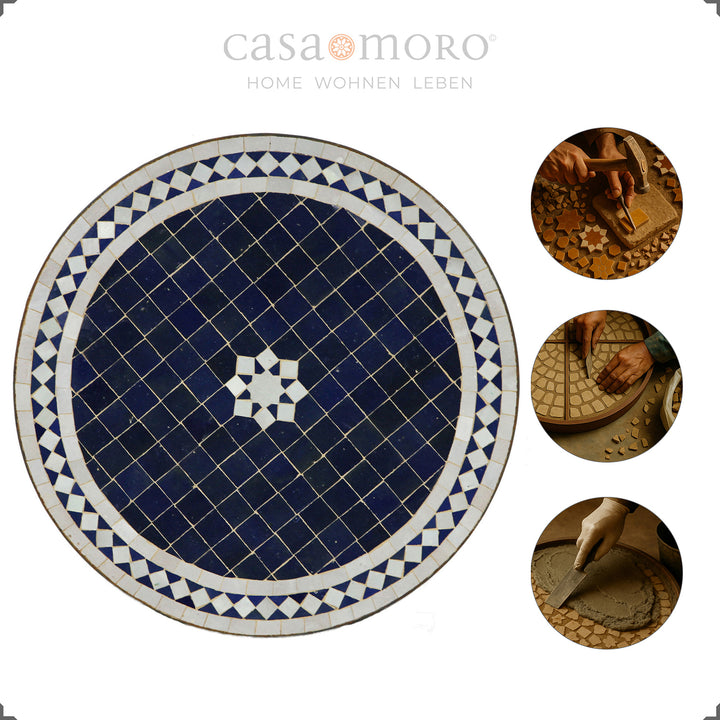 Mesa de mosaico azul no jardim – uma elegante mesa de jantar para duas pessoas