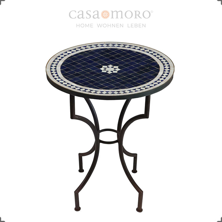 Mesa de varanda com tampo em mosaico azul e estrutura metálica – Ø 60 cm