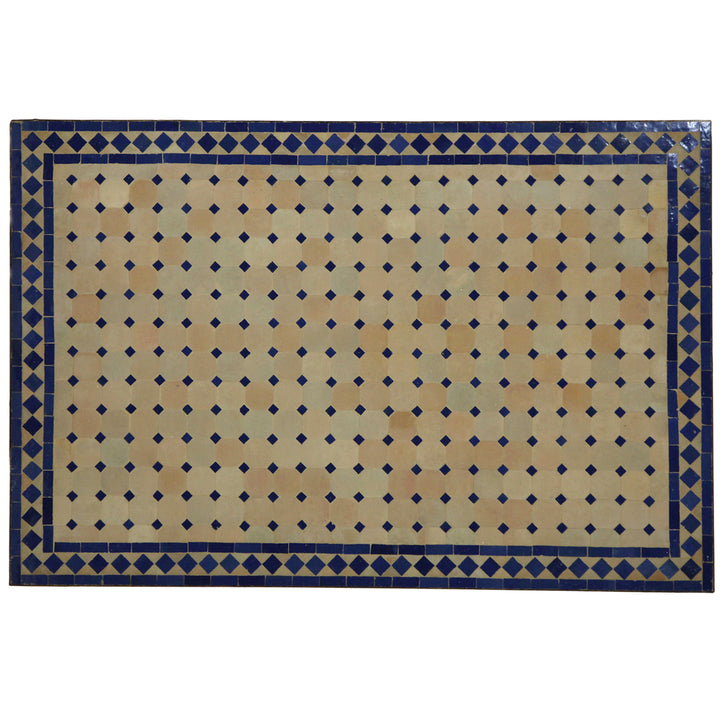 Mesa de jardim em mosaico, 120 x 80 cm, com azulejos Zellige em azul e terracota – feita à mão