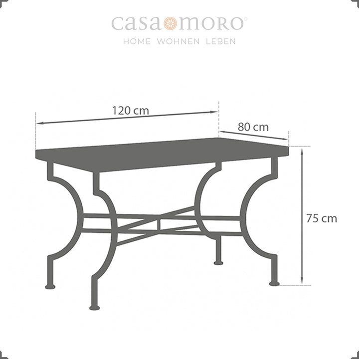 Dimensões: 120 x 80 cm, altura 75 cm – mesa de jardim ideal para quatro a seis pessoas, tanto em ambientes interiores como exteriores