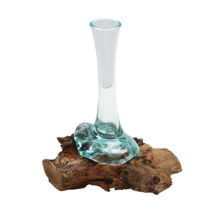 Vaso de vidro sobre base de madeira de raiz A25