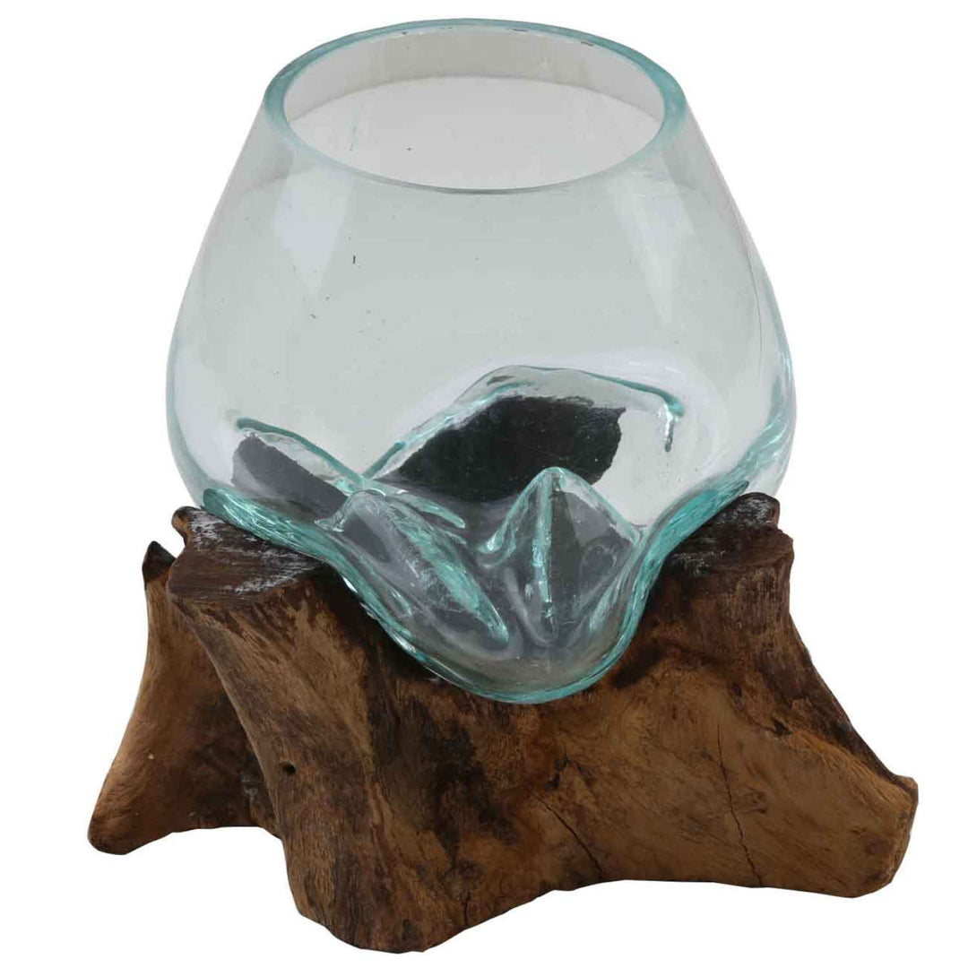 Vaso de vidro sobre base de raiz de árvore A15