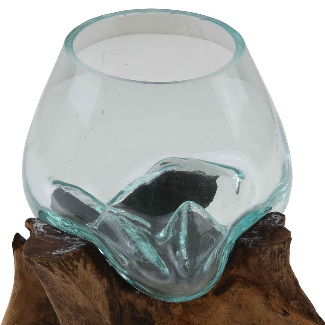 Vaso de vidro sobre base de raiz de árvore A15