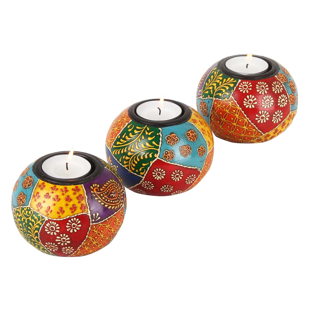 Conjunto de 3 castiçais para velas de chá pintados à mão Anila
