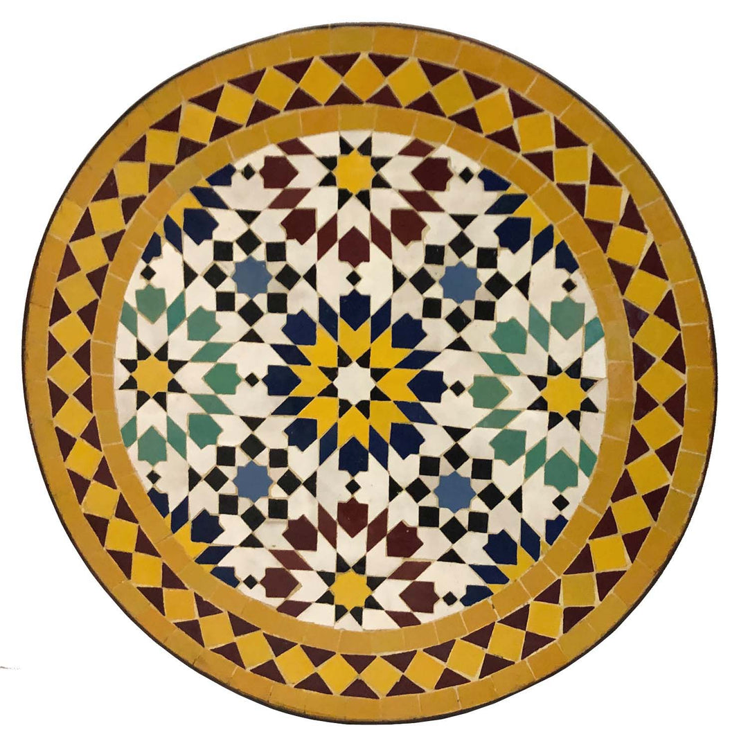 Mesa de café redonda de 45 cm com mosaico Zellige multicolorido em amarelo, bordô e turquesa