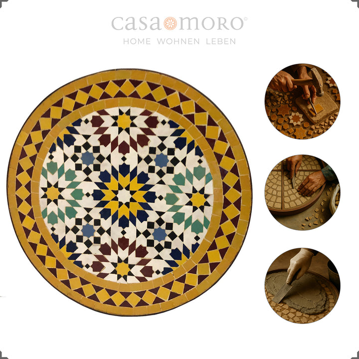 Altura da mesa: 50 cm, diâmetro: 45 cm, tampo em mosaico colocado sem fixação, peso: 11 kg