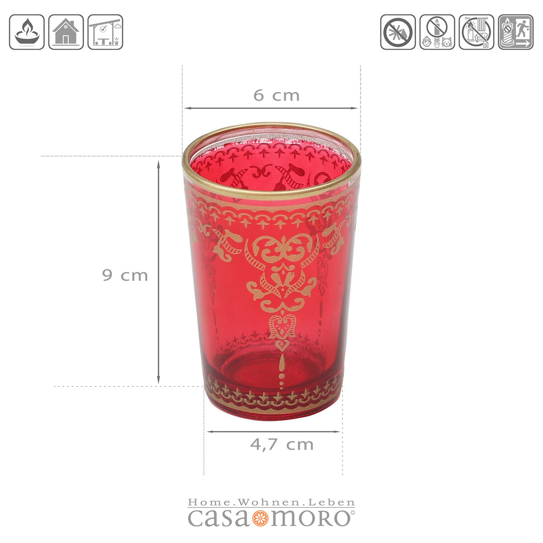 Conjunto de 6 copos para velas de chá em vermelho e dourado