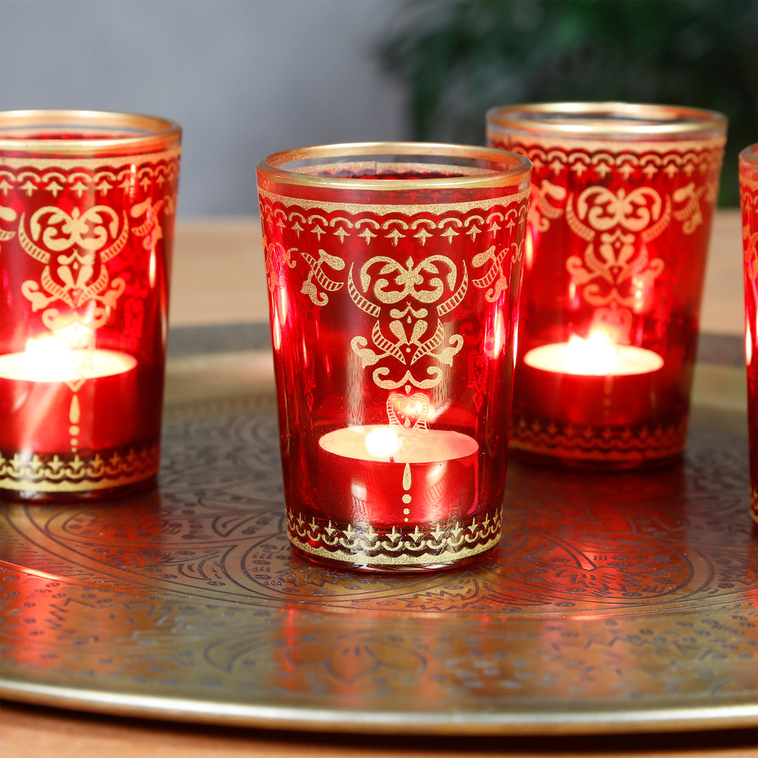 Conjunto de 6 copos para velas de chá em vermelho e dourado